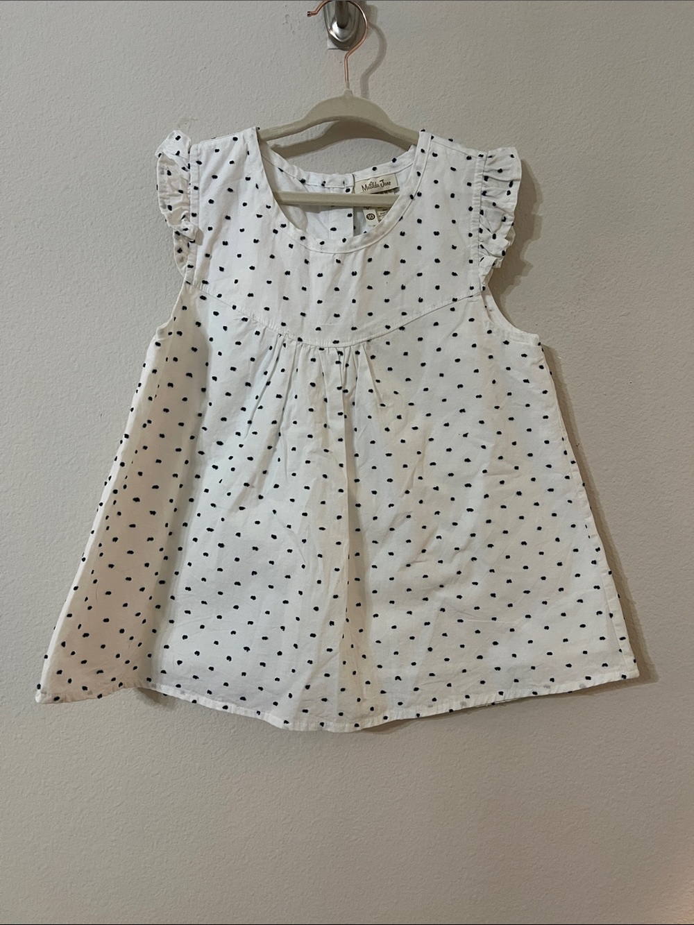 Matilda Jane Girls Size 10 White Navy Dot Ruffle Sleeve Cotton Top Blouse